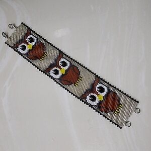 Handmade Beaded White and Brown Owl Cuff Bracelet